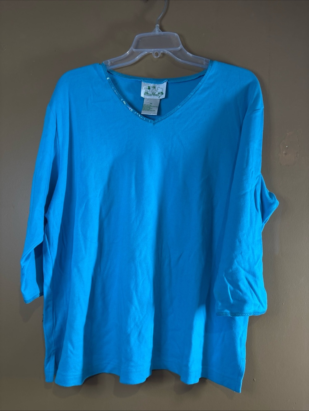 HC905 Quacker Factory Turquoise 3/4 Sleeve Top W/ Sequin Accents Size XL A46204